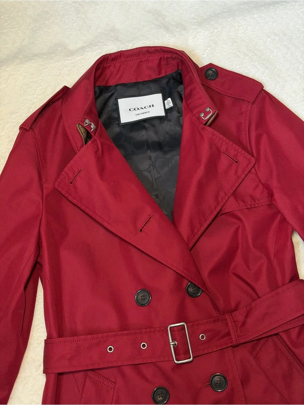 Coach Women's Deep Red Ruby Double-Breasted Trench Coat